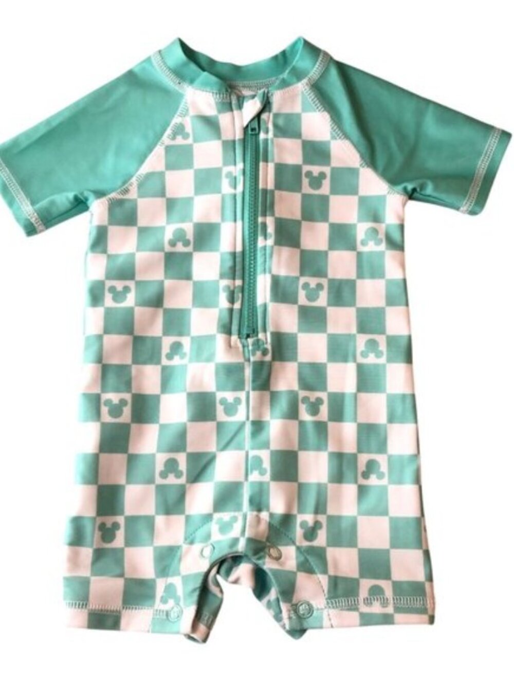 Disney Mickey Mouse Baby Short Sleeve Rashguard Swimsuit Checkerboard Green 3-6M